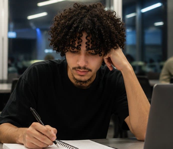 Malek at his desk, writing in a notebook.